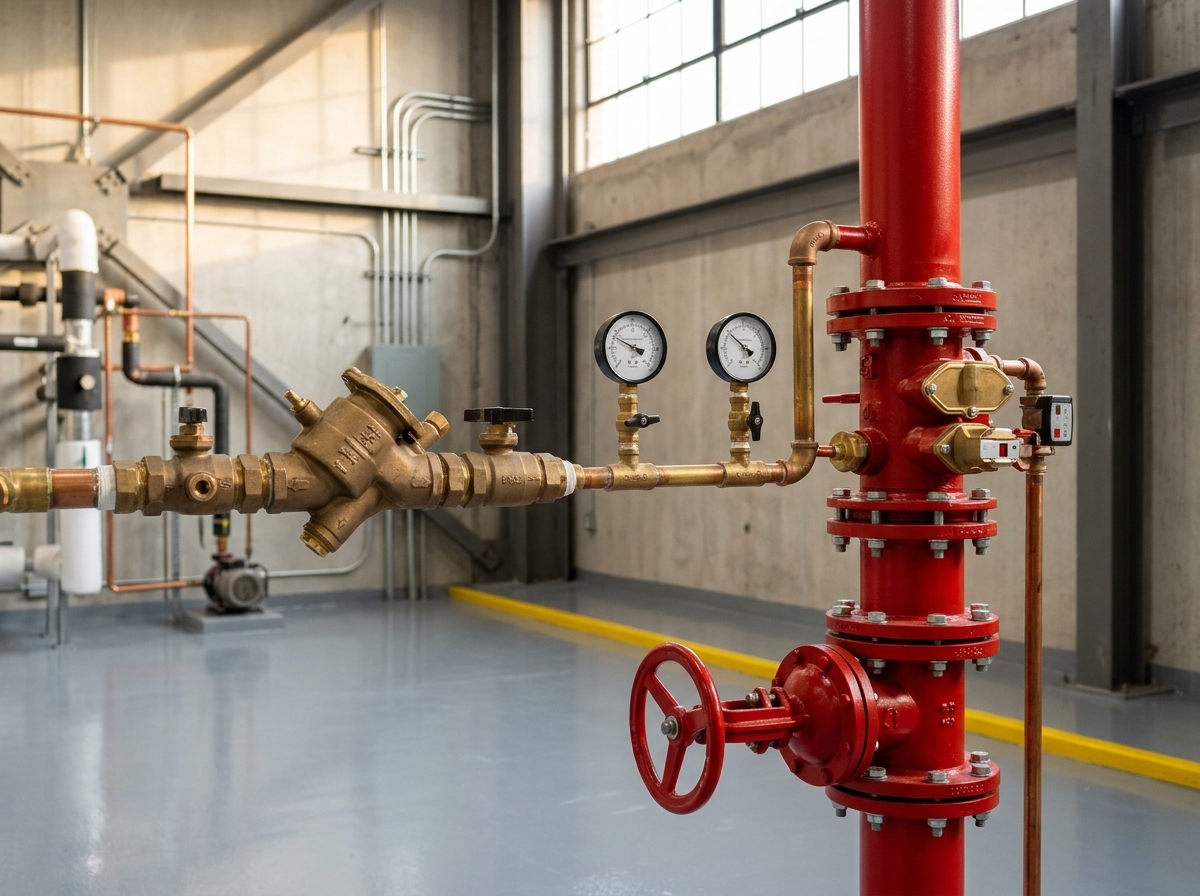 Sprinkler riser, valves and backflow assembly in a mechanical room in Tucson, AZ