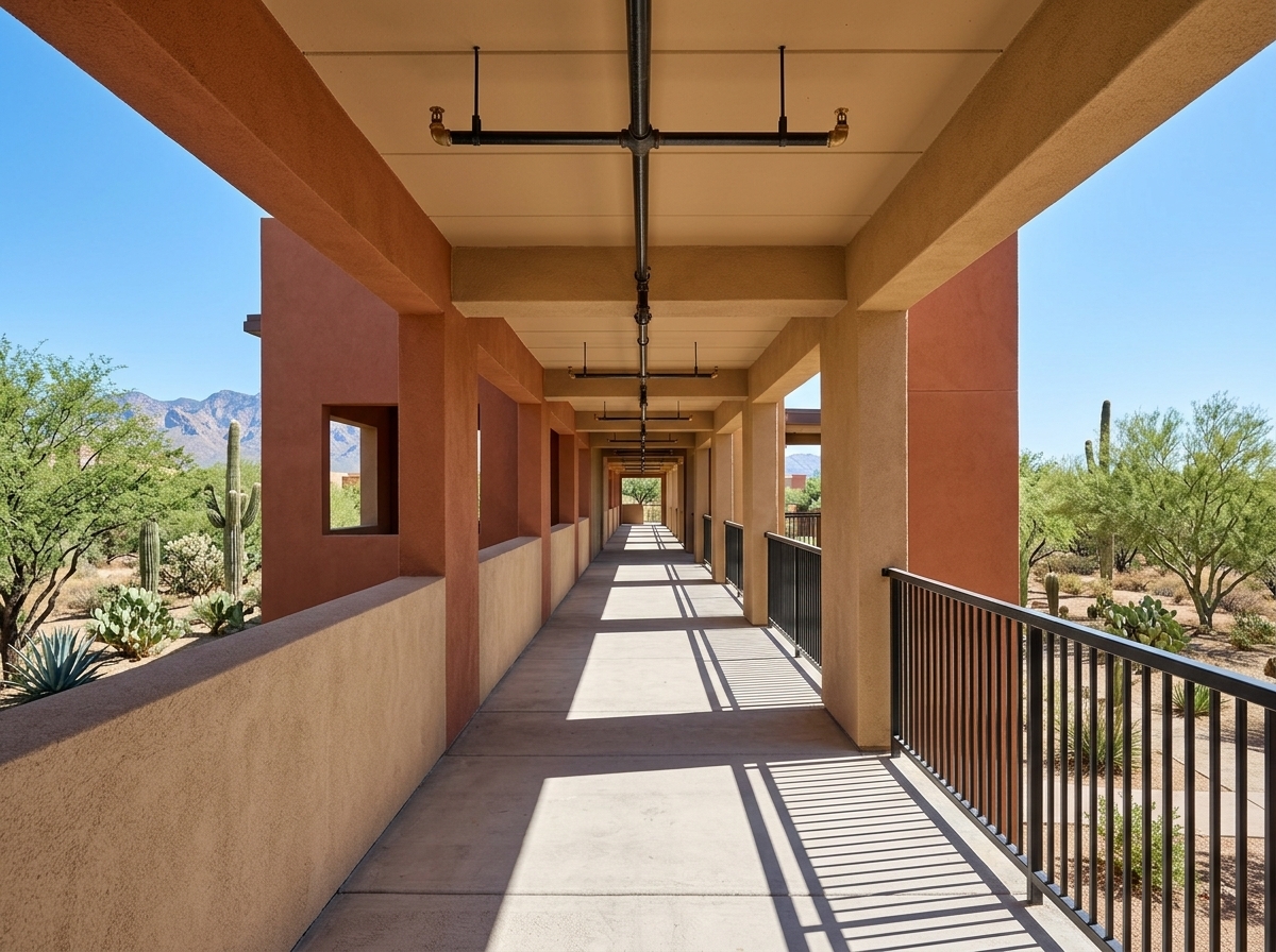 Sprinkler heads and piping in a multifamily corridor in Tucson, AZ
