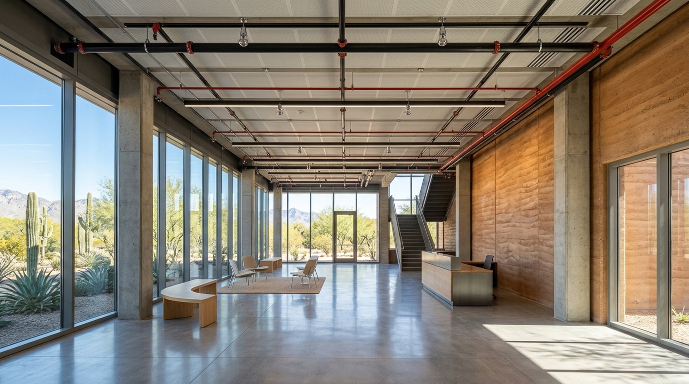 Fire sprinkler piping and heads installed in a commercial ceiling, illustrating sprinkler work for Tucson, AZ